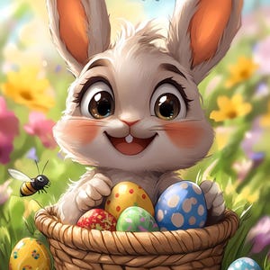 Joli ensemble imprimable lapin de Pâques AI - 5 téléchargements numériques, lapin printanier avec œufs de Pâques, art de chambre de bébé lapin fantaisiste, décoration colorée de Pâques