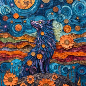 Conjunto de impressão de arte de lobo celestial AI – 5 downloads digitais, pinturas de lobo espacial estrelado à noite, arte animal de mosaico vibrante, decoração de fantasia cósmica