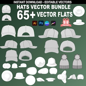 May include: A collection of vector flat illustrations of various hat styles, including baseball caps, beanies, and sun hats. The image includes the text "HATS VECTOR BUNDLE" and "65+ VECTOR FLATS". The image also includes the text "INSTANT DOWNLOAD - EDITABLE VECTORS".