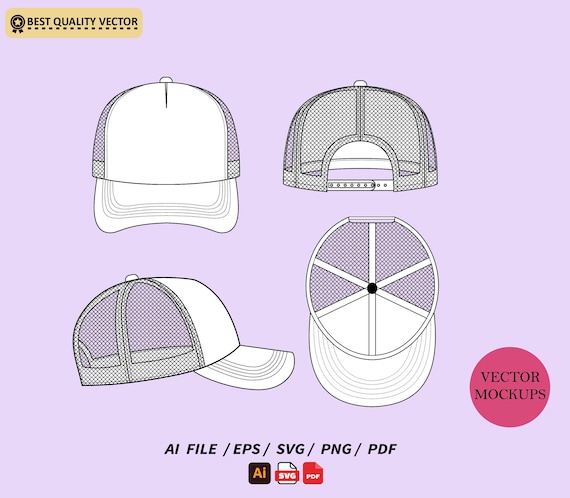 Trucker Hat Tech Pack Template Svg Eps Png Pdf | Editable Cap Mockup | Print Ready Hat Vector | Clothing Brand Headwear Design
