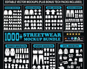 1000+ Streetwear Mockups & Vector Clothing Mockup Techpack Template for Brand Fashion Design in Adobe Illustrator and Procreate AI PNG
