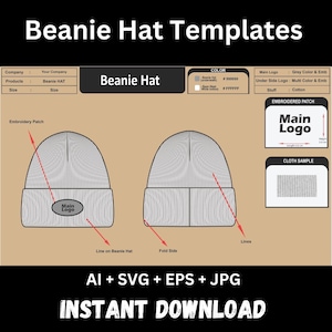 Op de afbeelding: Een digitaal sjabloon voor beanies, met voor- en zijaanzichten met secties voor designaanpassing. Bevat kleur- en materiaaldetails en de tekst "Main Logo". De afbeelding bevat ook de tekst "AI + SVG + EPS + JPG" en "INSTANT DOWNLOAD".