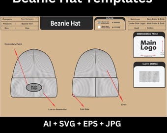 Knit Beanie Tech Pack Template | Streetwear Bundle | Beanie Hat Mockup | Custom Hat Design Kit | Headwear Vector Flats | Editable AI EPS SVG