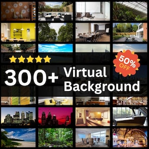 Könnte beinhalten: Eine Collage virtueller Hintergründe, die verschiedene Umgebungen wie Büros, Landschaften und Innenräume zeigt. Das Bild enthält den Text "300+ Virtual Background" und ein Werbebanner "50% OFF".