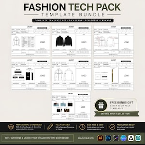 May include: A digital fashion tech pack template bundle featuring multiple jacket design layouts with technical specifications, measurement charts, and logo placeholders. The document includes text headers like FASHION TECH PACK and FREE BONUS GIFT.