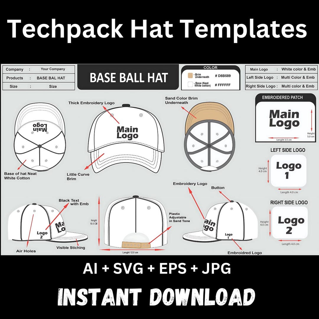 Pack Cap Trucker Hat Techpack Mockup | Trucker Cap Techpack Template | Base Ball ...