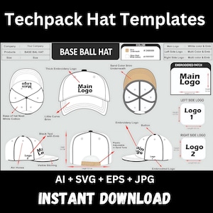 Könnte beinhalten: Eine Baseballmützen-Vorlage mit weißem Hintergrund und schwarzem Text. Die Vorlage zeigt die Vorder-, Seiten- und Rückansicht der Mütze. Die Mütze hat einen gebogenen Schirm, einen Knopf oben und einen verstellbaren Riemen hinten. Die Vorlage enthält Platz für ein Hauptlogo, ein Logo auf der linken Seite und ein Logo auf der rechten Seite. Der Text auf der Vorlage umfasst "Main Logo", "Left Side Logo", "Right Side Logo", "Embroidered Patch", "Logo 1", "Logo 2", "Height", "Length", "Thick Embroidery Logo", "Little Curve Brim", "Base of hat Neat White Cotton", "Air Holes", "Black Text with Emb", "Visible Stiching", "Sand Color Brim Underneath", "Embroidery Logo", "Button", "Plastic Adjustable in Sand Tone", "Embroidred Logo".