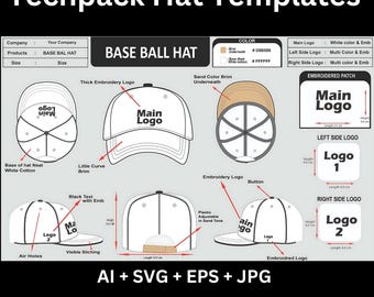 Trucker Hat TechPack Mockup | Trucker Cap Techpack Template | Base Ball Hat Tech Pack | Editable Vector Illustrator | Custom Hat Design
