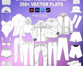 350+ Streetwear Mockups & Fashion Vector Bundle Pack - Fashion Design Tech Pack Template - Procreate PNG Mockup and Fashion Vector Flats