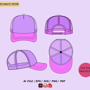 May include: Four views of a purple and pink trucker hat with a mesh back. The hat is shown from the front, back, side, and top.