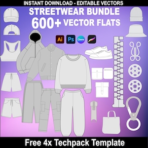 600+ Streetwear Vektor Mockup Paket, individuelle Kleidungsmarke Mockup Vorlagen, Streetwear Mockup, Fashion Flats Mock-Ups Bundle Streetwear