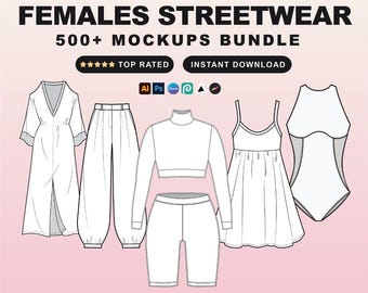 500+ Women's Streetwear & Activewear Vector Mockups | Fashion Tech Pack | Clothing Flat Templates | Procreate Mockups | AI PNG