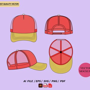 May include: A red and yellow trucker hat mockup with a mesh back. The hat is shown in four different views: front, back, side, and top. The hat is a vector illustration.