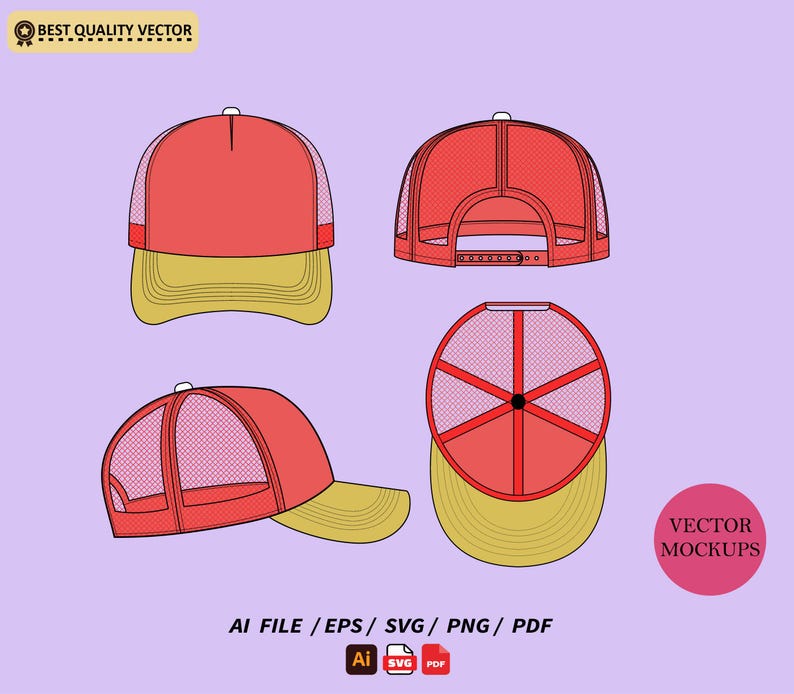 May include: A red and yellow trucker hat mockup with a mesh back. The hat is shown in four different views: front, back, side, and top. The hat is a vector illustration.