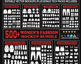 500+ Women’s Clothing Mockups | vector mockup templates, Female Streetwear Fashion mock-ups pack & tech pack template, AI, SVG, PNG