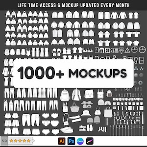 Könnte beinhalten: Eine dunkle Grafik zeigt zahlreiche Bekleidungsmockups, darunter Jacken, Hemden, Kleider und Accessoires. Der Text "1000+ MOCKUPS" ist prominent dargestellt, zusammen mit Symbolen für Designsoftware. Der Text "LIFE TIME ACCESS & MOCKUP UPDATED EVERY MONTH" ist ebenfalls sichtbar.