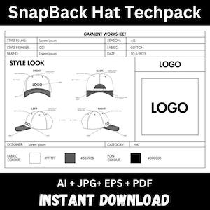 Puede incluir: Un paquete técnico en blanco y negro para una gorra snapback, con diagramas detallados del diseño de la gorra desde múltiples ángulos. Incluye una hoja de trabajo de la prenda y el texto "INSTANT DOWNLOAD".