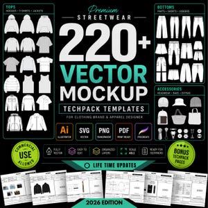 May include: A digital collection of 220+ vector apparel mockups and tech pack templates for clothing design. Includes outlines for tops, bottoms, and accessories in Ai, SVG, PNG, and PDF formats, featuring commercial use and lifetime updates.