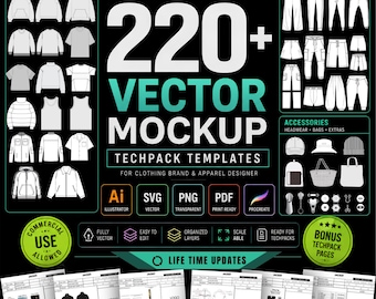 Puede incluir: Una colección digital de más de 220 maquetas vectoriales de ropa y plantillas de fichas técnicas para diseño de moda. Incluye contornos para partes superiores, inferiores y accesorios en formatos Ai, SVG, PNG y PDF, con uso comercial.