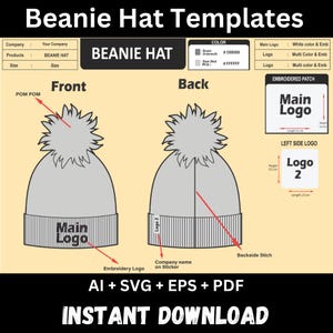 May include: A digital template for a beanie hat, showcasing front and back views with a pom-pom. Includes areas for a main logo, embroidery logo, and a left-side logo. The design also features an embroidered patch and a sticker area. Text reads "Beanie Hat Templates" and "Instant Download".