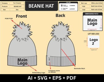 Beanie Hat Tech Pack Template | Streetwear Bundle | Knit Beanie Mockup | Custom Hat Design Kit | Pom Pom Beanie Vector Flat | AI PDF