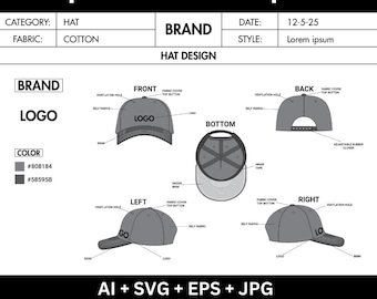 Snapback Hat Tech Pack Template | Streetwear Bundle | Snapback Mockup | Custom Hat Design Kit | Headwear Vector Flats | Editable AI EPS SVG
