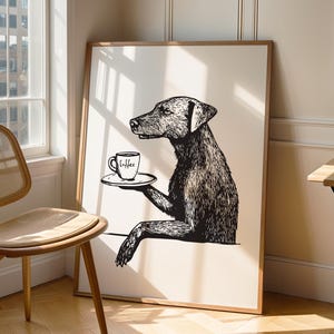 Funny Dog Coffee Art Print Black and White Dog Wall Art Minimalist Kitchen Decor Digital Download for Coffee Lovers Funny Dog Sketch Artwork