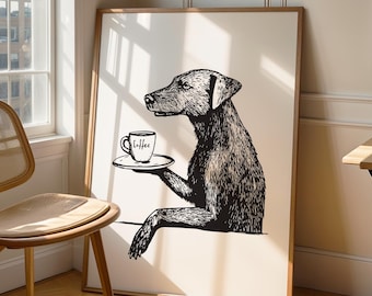 Funny Dog Coffee Print: Minimalist Black and White Kitchen Art (Digital Download)