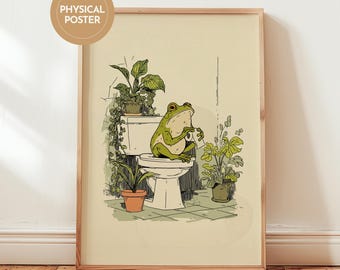 Frog On Toilet Poster Funny Bathroom Art Cottagecore Bath Decor Quirky Restroom Print