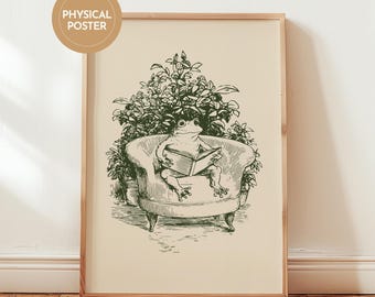 Whimsical Frog Wall Art Reading Nook Decor Cottagecore Poster Beige and Green Art