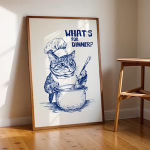 What&#39;s for Dinner Print Tabby Cat Chef Wall Art Printable Funny Simple Kitchen Art Blue Cooking Cat Print Chubby Cat Art Chef Print Fun Gift