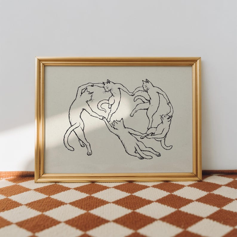 Physical matte paper art print featuring five hand drawn minimalist line art cats dancing in a circle, a funny modern cat poster parody inspired by Matisse. Black and white unframed sketchy pet print for girl apartment decor, scandi style wall art, and cozy bedroom layouts.