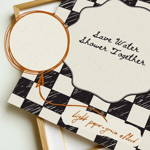 Funny "Save Water, Shower Together" bathroom wall art featuring a hand-drawn red and cream checkered pattern in a retro indie aesthetic.