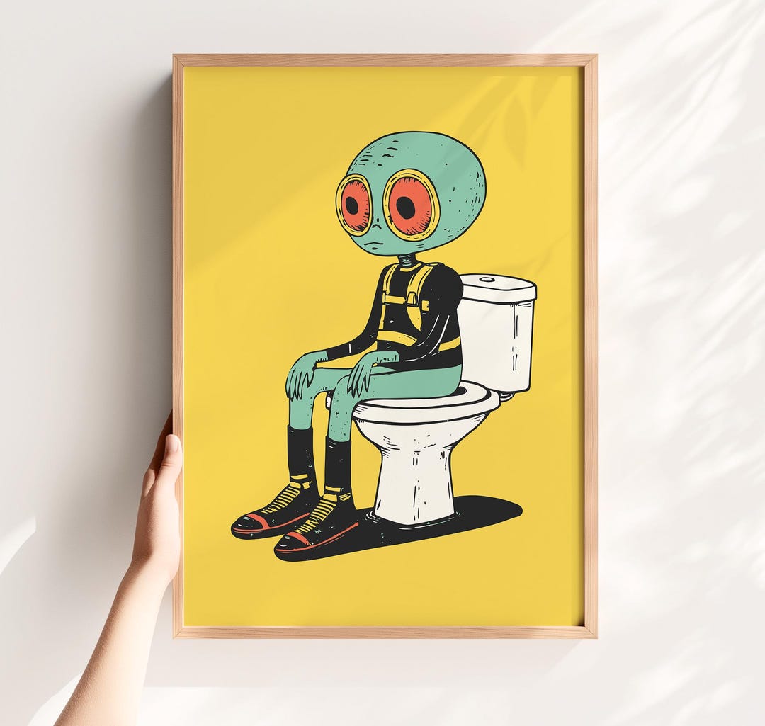 Alien on Toilet Print Funny Bathroom Art Colorful Restroom Decor Toilet ...