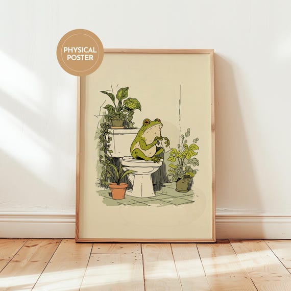 Frog On Toilet Poster Funny Bathroom Art Cottagecore Bath Decor Quirky Restroom Print