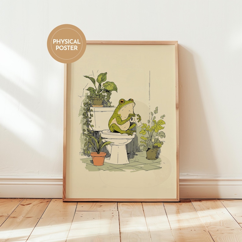 Hand drawn poster of a frog on toilet surrounded by plants, frog bathroom art for powder room art and restroom wall art, cute bathroom art with toilet humor art and bathroom humor sign vibe.