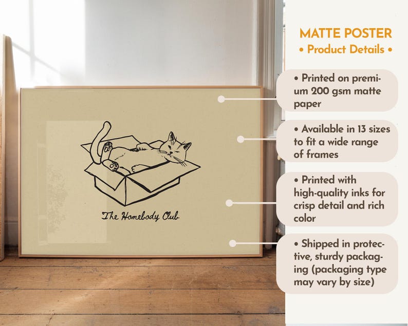 Minimal black line drawing of a cat lounging in a box, styled as a funny cat poster with homebody decor charm for a cozy book nook poster space, text reads “The Homebody Club”.