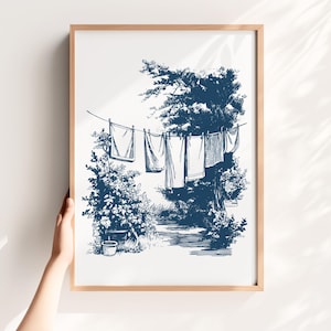 Clothesline Garden Print – Vintage Laundry Art, Cottage Art Print,  Utility Room Decor, Farmhouse Wall Decor, Cottagecore Laundry Room Decor