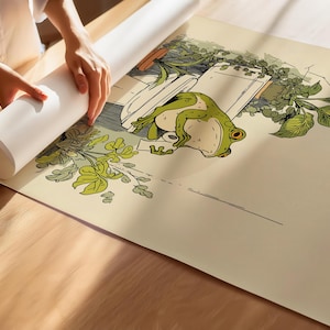 Hand drawn poster of a frog on toilet surrounded by plants, frog bathroom art for powder room art and restroom wall art, cute bathroom art with toilet humor art and bathroom humor sign vibe.