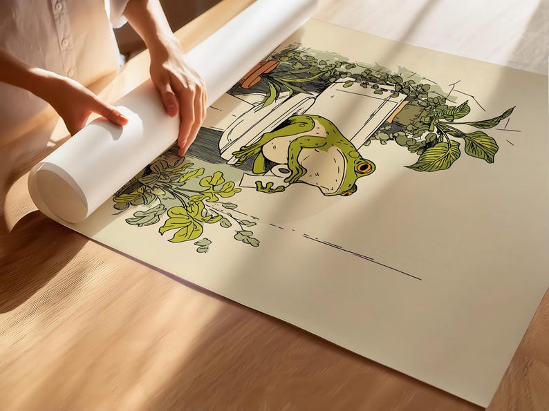 Hand drawn poster of a frog on toilet surrounded by plants, frog bathroom art for powder room art and restroom wall art, cute bathroom art with toilet humor art and bathroom humor sign vibe.