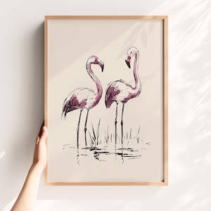 Retro Flamingos Art Print Minimalist Birds Wall Art Printable Flamingo Sketch Nature Wall Decor Elegant Art Print Wildlife Art Abstract Bird
