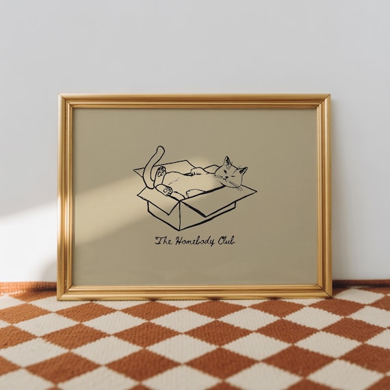 Homebody Club Cat Art Print Minimalist Cat In A Box Matte Physical Poster