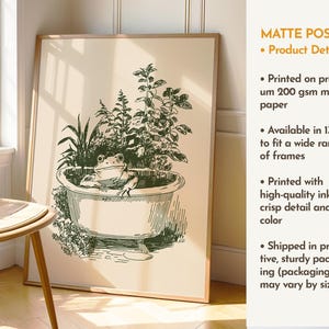 Ink-style drawing of a frog relaxing in a bathtub surrounded by leafy plants, with a soft vintage cottagecore look. Neutral simple art for guest bathroom decor.