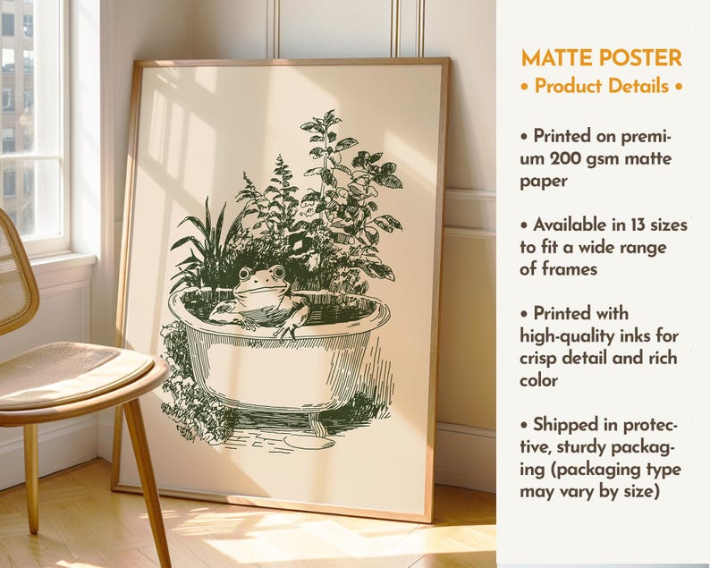 Ink-style drawing of a frog relaxing in a bathtub surrounded by leafy plants, with a soft vintage cottagecore look. Neutral simple art for guest bathroom decor.