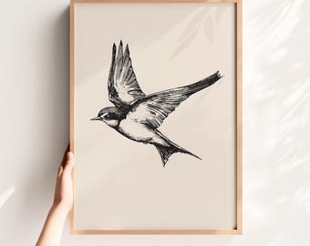Stampa di schizzo di rondine vintage: arte di uccelli retrò, arredamento minimalista per la casa (download digitale)
