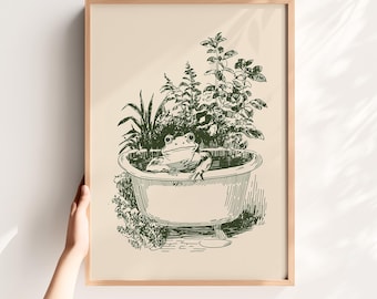 Funny Frog in Tub Art Print: Whimsical Cottagecore Bathroom Decor (Digital Download)