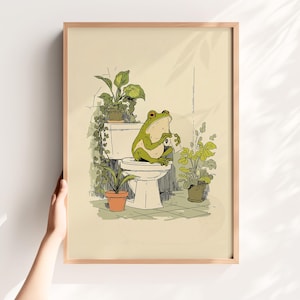 Hand drawn poster of a frog on toilet surrounded by plants, frog bathroom art for powder room art and restroom wall art, cute bathroom art with toilet humor art and bathroom humor sign vibe.
