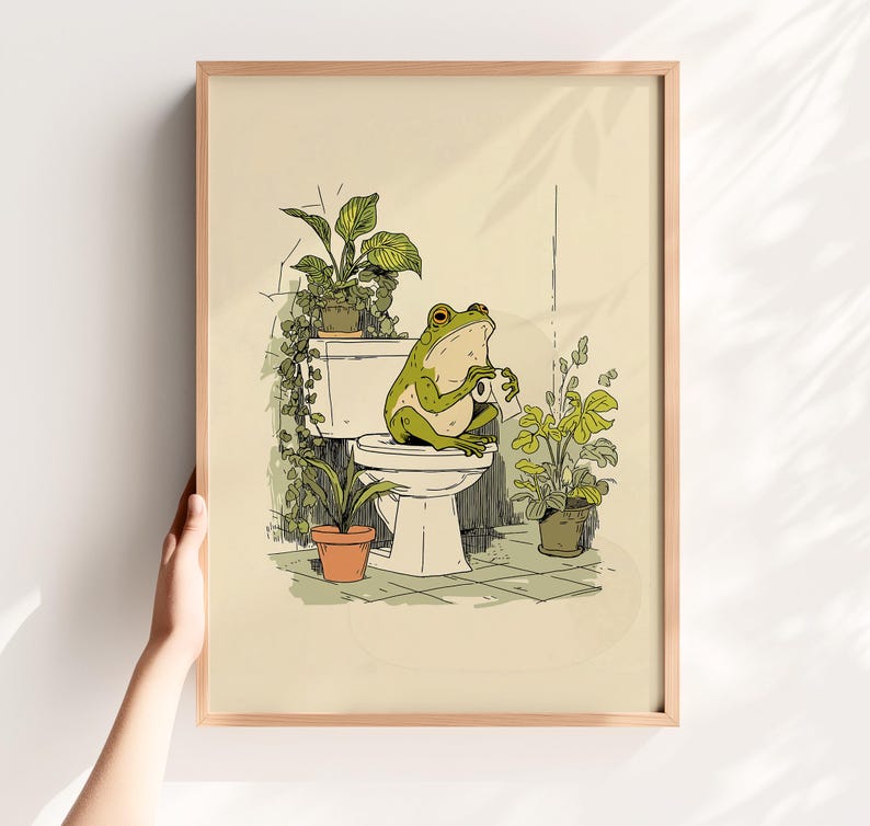 Hand drawn poster of a frog on toilet surrounded by plants, frog bathroom art for powder room art and restroom wall art, cute bathroom art with toilet humor art and bathroom humor sign vibe.