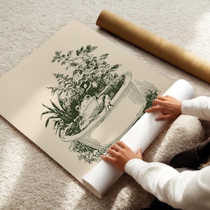 Ink-style drawing of a frog relaxing in a bathtub surrounded by leafy plants, with a soft vintage cottagecore look. Neutral simple art for guest bathroom decor.