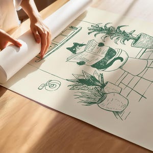 Minimal green line art illustration of a cute cat reading a newspaper on a toilet with potted plants and a “Have a Nice Poop” sign, funny bathroom art poster.